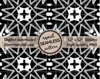 Patrón masculino sin costuras, mosaicos repetidos en blanco y negro PNG, documentos digitales para el Día del Padre, uso comercial, descarga instantánea monocromática