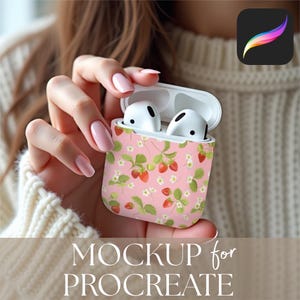 Maqueta de estuche para AirPods para Procreate, plantilla de diseño de patrón sin costuras, maqueta realista de auriculares tecnológicos en la mano, archivos digitales para vendedores de Etsy.
