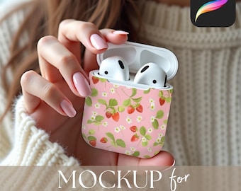 Airpod Case Mockup für Procreate, nahtlose Muster-Design-Vorlage, Tech-Ohrhörer in der Hand realistisches Mockup, digitale Dateien für Etsy-Verkäufer