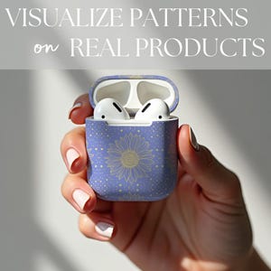 Blue and gold sunflowers design earbud earphones case, shown on a procreate mockup by Gigi Love your Lifestyle, 3D mock-up file with instructions for Etsy listing photos