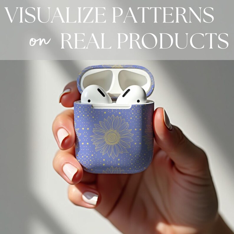 Blue and gold sunflowers design earbud earphones case, shown on a procreate mockup by Gigi Love your Lifestyle, 3D mock-up file with instructions for Etsy listing photos
