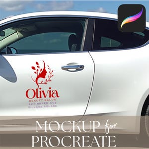 May include: White car door with a red logo for "Olivia Beauty Salon." The logo features a silhouette of a woman's face with floral elements. The text "MOCKUP for PROCREATE" is at the bottom of the image. A Procreate app icon is in the upper right corner.
