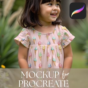 May include: A young child wearing a light pink dress adorned with a repeating pattern of watercolor ice cream cones in various pastel colors. The dress has short sleeves and a gathered waist. The text "MOCKUP for PROCREATE" is at the bottom of the image.
