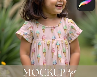 Mädchen Sommerkleid Procreate Mockup: Kindermode Kleidung Vorlage, Kinderstoff MockUp für Oberflächenmuster Designer und Etsy-Verkäufer