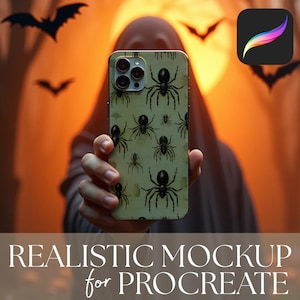 May include: A smartphone case featuring a pattern of black spiders on a light green background is held up against an orange backdrop with bat silhouettes. The text "REALISTIC MOCKUP for PROCREATE" is at the bottom. The Procreate app icon is in the upper right.