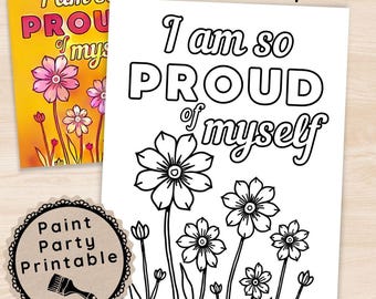 Self Love Paint Party Printable Kit, Proud of Myself Art Activity with Instructions, Positive Affirmation Pre-Drawn Canvas, Instant Download