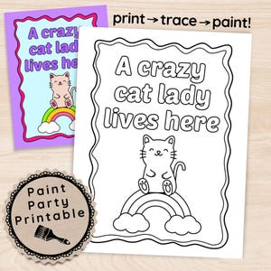 Verrückte Katzenlady Sip & Paint Tracer Kit, Lustiges Muttertagsgeschenk Katzenliebhaber, Erwachsene Paint Party Vorgezeichnete Leinwand, DIY Kawaii Türschild für Mütter