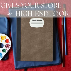 School book cover mock-up template for Procreate, showing a unisex red and navy blue design with paint brushes, for Etsy listing photos for digital art
