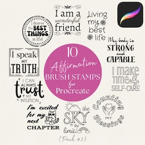 May include: A set of 10 affirmation brush stamps for Procreate, with motivational phrases in black. The design includes a pink circle with the product title and a colourful app icon.