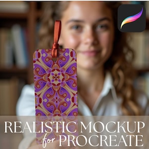 Puede incluir: Un marcapáginas decorativo con un diseño simétrico en tonos morados, rojos y dorados. Tiene una cinta roja. El texto "REALISTIC MOCKUP for PROCREATE" se muestra en la parte inferior de la imagen. También se ve el icono de la aplicación Procreate.