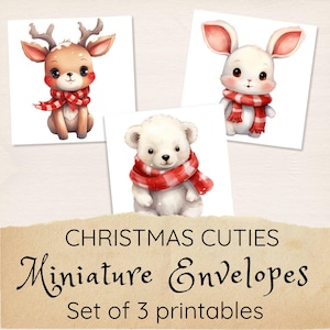 Kerst mini-envelop afdrukbare items, afdrukbare miniatuur enveloppen kerstsok vuller, schattige dieren ambachtelijke printables cadeau, instant download