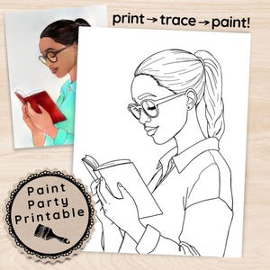 Literary Girl Pre Drawn Canvas, DIY Painting Party Holy Bible, Sip & Paint Stencil Reading, Afro Woman Book Club Art Template Printable