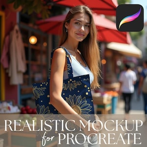Puede incluir: Un bolso tote azul marino con un diseño de girasol dorado. El bolso lo lleva una persona. El texto "REALISTIC MOCKUP for PROCREATE" está en la parte inferior de la imagen. El logotipo de la aplicación Procreate está en la esquina superior derecha.