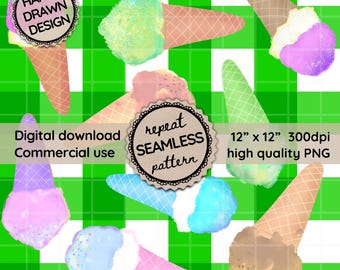 Icecream Seamless Pattern PNG, Cute Ice Cream Digital Paper, Green Gingham Check Fun Printable Pattern, Instant Download Commercial Licence