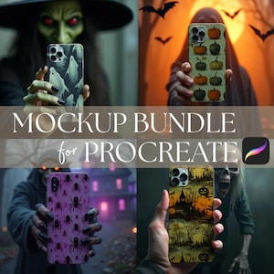 May include: A mockup bundle for Procreate featuring four Halloween-themed phone cases. The cases display spooky designs with ghosts, pumpkins, spiders, and a haunted house. The image includes a Procreate app icon.
