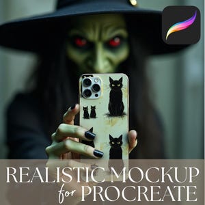 May include: A smartphone case with a black cat design and yellow eyes. The case is held in front of a blurred background of a witch with red eyes. The text "REALISTIC MOCKUP for PROCREATE" is at the bottom of the image.