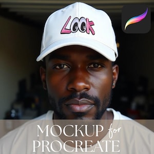 May include: White baseball cap with the word "LOOK" embroidered in pink. The cap is worn by a person with dark skin and a beard. The image also includes the text "MOCKUP for PROCREATE" and a Procreate app icon.