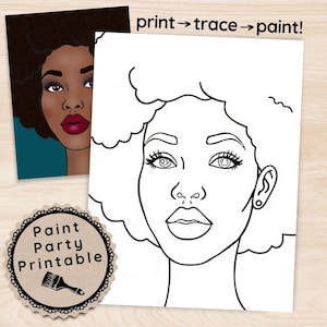 Black Girl Paint and Sip Canvas, DIY Art Party Template Afro, Pre drawn Easy Painting Outline Tracer, Fun Painting Nights Printable Stencil