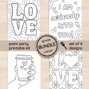 Love Sip and Paint BUNDLE with Instructions, Romantic Couples Paint Party Printable, Date Night Painting Stencil Pre-drawn Canvas Download