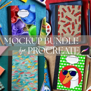 以下が含まれることがあります： Procreate用のモックアップバンドル。様々なデザインの4冊のコンポジションブックがあります。1冊はカラフルなバブルデザイン、もう1冊は赤い消防車、3冊目は魚、最後はサングラスをかけたアヒルのデザインです。「MOCKUP BUNDLE for PROCREATE」の文字が表示されています。