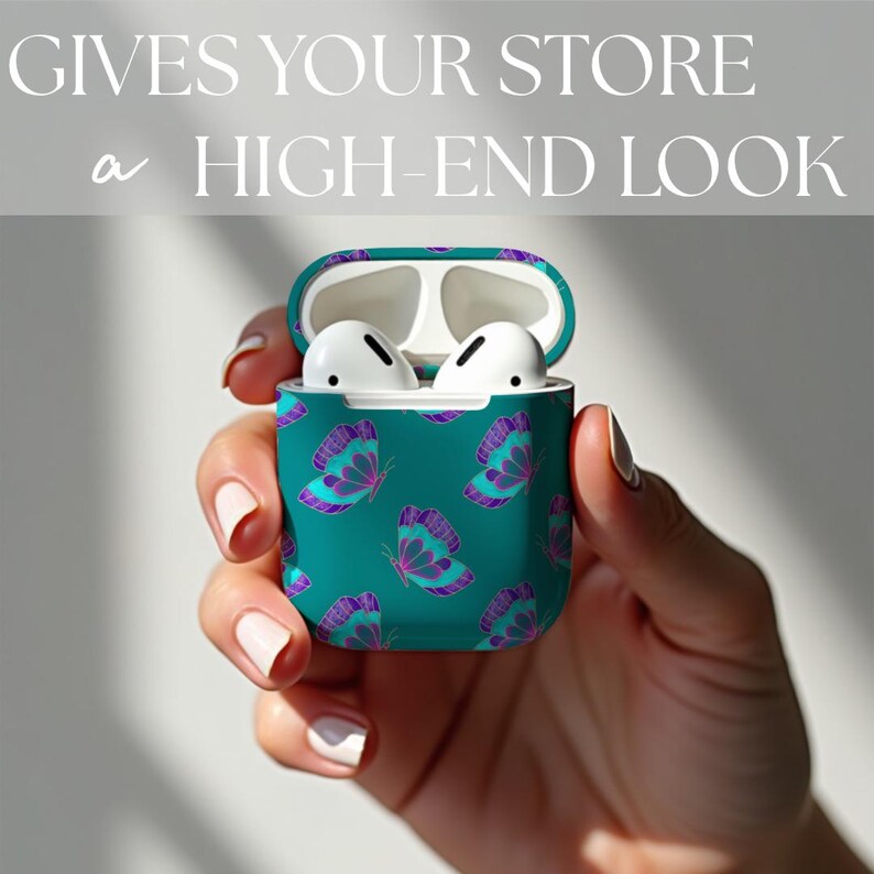 Beautiful mockups for procreate to use in Etsy shops selling seamless repeat patterns and digital artwork, easy drag and drop templates, shown with teal butterflies design earphones
