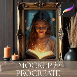 Dark Academia Picture Frame Mockup for Procreate, Easy Drag & Drop Wall Art with Candles Mock Up, Antique Framed Print Template (Digital)