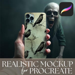 Pode incluir: Capa de smartphone com um design de corvos pretos pousados em galhos. A capa é segurada em uma mão, com um fundo desfocado de uma figura assustadora. O texto na parte inferior diz "REALISTIC MOCKUP for PROCREATE".