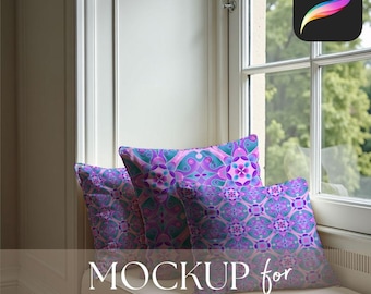 Procreate Cushion Mockup: Homely Farmhouse Windowseat Scene Mock Up, Seamless Pattern Pillow Template (Digital Download with Instructions)