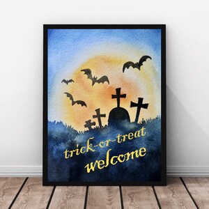 Halloween trick or treat printable sign, trick or treaters welcome, Halloween home decor, spooky watercolor print, instant digital download