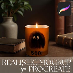 May include: An orange candle with a lit wick, featuring a black cartoon ghost design and the word "BOO!". The candle is on a wooden surface, with books and a vase in the background. The text "REALISTIC MOCKUP for PROCREATE" is at the bottom.