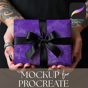 May include: A square, purple gift box with a black satin ribbon and bow. The box is held in both hands. The text "MOCKUP for PROCREATE" is at the bottom of the image. The Procreate app icon is in the upper right corner.