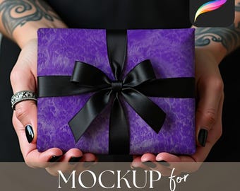 May include: A square, purple gift box with a black satin ribbon and bow. The box is held in both hands. The text "MOCKUP for PROCREATE" is at the bottom of the image. The Procreate app icon is in the upper right corner.