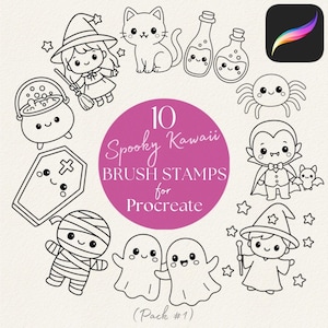 Kawaii Halloween Stamp Brush Bundle for Procreate: Spooky Summerween Outlines for iPad Art, Cute Ghost Doodle Brushes for Digital Artists