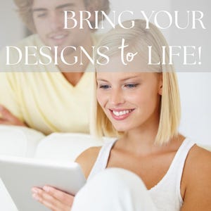 Attractive couple smiling and looking at a laptop, bring your seamless patterns designs to life