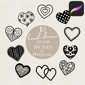 May include: An image showcasing ten hand-drawn stamp brushes for Procreate, each designed as a heart. The hearts feature various patterns, including polka dots, floral designs, and intricate swirls, all in black against a neutral background.