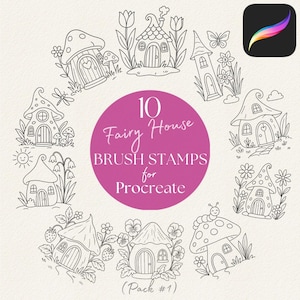 May include: A digital collection of 10 fairy house brush stamps for Procreate, arranged in a circle around a central magenta circle containing the text 10 Fairy House BRUSH STAMPS for Procreate (Pack #1) and the Procreate app icon.