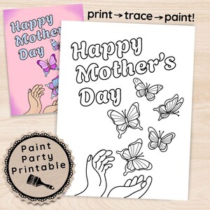 Mother&#39;s Day Sip and Paint Kit, Butterflies Motif DIY Art Party for Moms, Unique Gift Idea from Kids, Pre Drawn Canvas Painting Download