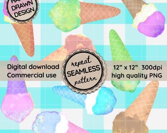 Seamless Pattern Icecream, Cute Ice Cream Digital Paper Teal Gingham, Summer Fun Printable Pattern Instant Download, Commercial Licence PNG