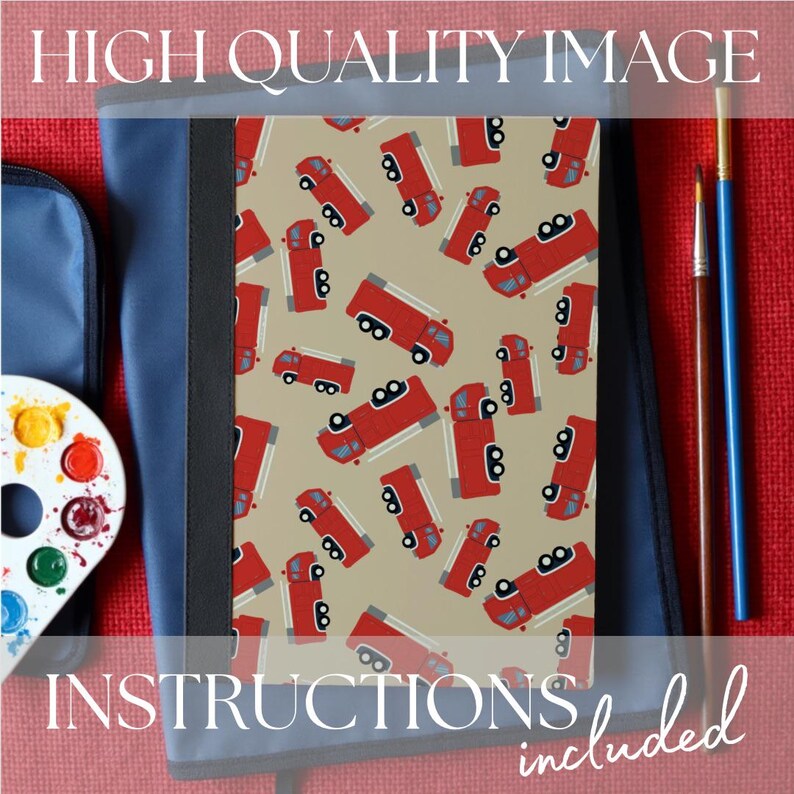 High quality mockups for custom journal cover designs, instructions included, shown with a beige and red fire trucks workbook cover for boys