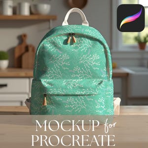 May include: A teal backpack with a white floral pattern and a white handle. The backpack has a front pocket and two zippers with tan tassels. The text "MOCKUP for PROCREATE" is at the bottom of the image. A Procreate app icon is in the upper right corner.