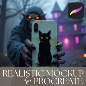May include: A smartphone with a black cat design is held up in front of a spooky figure with glowing orange eyes. The phone's screen displays a black cat illustration with yellow eyes. The background features a haunted house and the text "REALISTIC MOCKUP for PROCREATE".