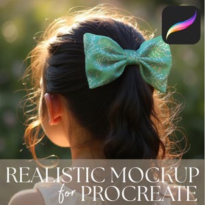May include: A green bow hair clip with a white floral pattern is secured in dark hair. The image features the text "REALISTIC MOCKUP for PROCREATE" at the bottom, and a Procreate app icon in the upper right corner.