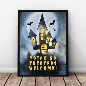 Halloween trick or treat printable sign, trick or treaters welcome, Halloween home decor, spooky watercolor print, instant digital download