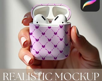Könnte beinhalten: Ein lila AirPods-Etui mit einem Herzmuster, geöffnet, um weiße Ohrhörer zu zeigen. Das Etui hat ein sich wiederholendes Design aus lila Herzen, die durch Linien verbunden sind. Der Text "REALISTIC MOCKUP for PROCREATE" wird unten im Bild angezeigt.