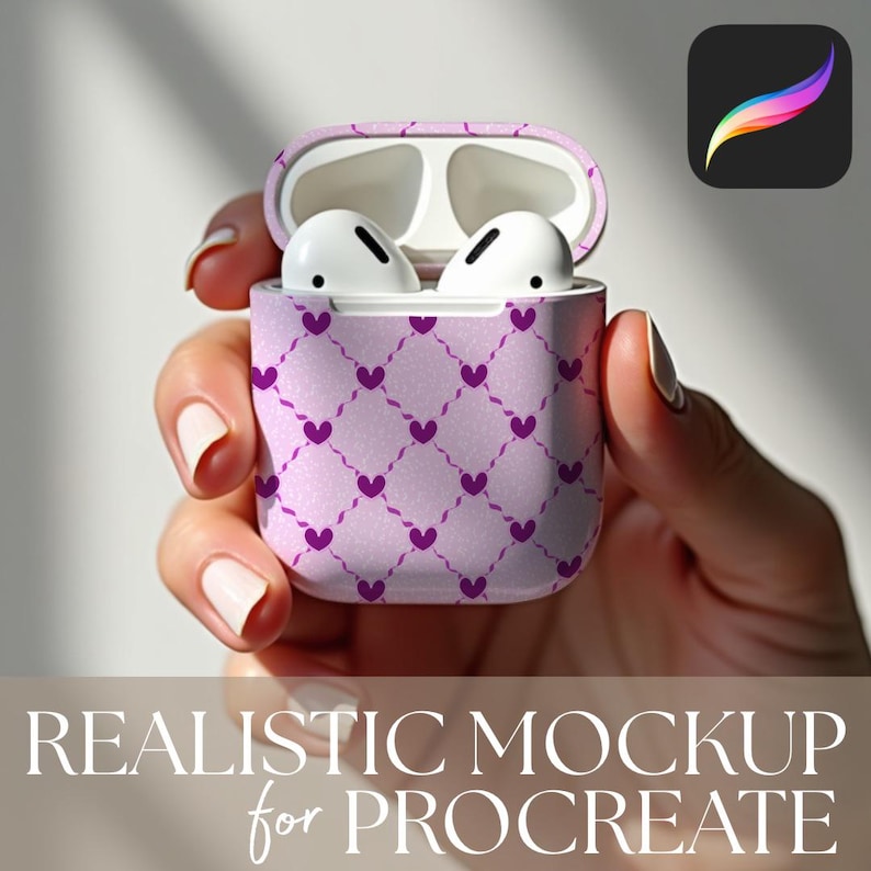 Procreate mockup editable template for seamless patterns, with a hand holding an AirPod earbud speakers case, with a coquette pink heart pattern