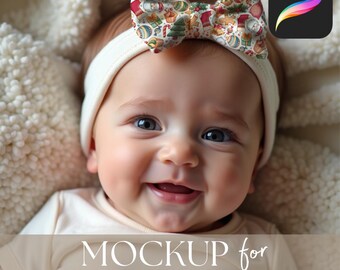 Girls Fabric Hair Bow Procreate Mockup, Kids Fashion Accessories Drag & Drop Mock, Realistic Babies Headband Template for Seamless Patterns