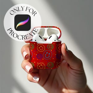 Mock up for procreate with instructions, easy drag and drop feature for seamless repeat pattern files, shows a bright red AirPod case with smileys motif