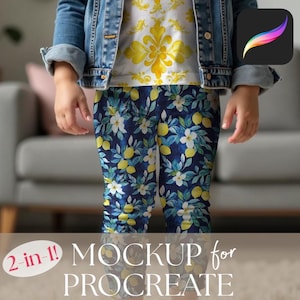 May include: A child wearing a denim jacket, a white shirt with a yellow floral design, and blue leggings with a lemon and floral pattern. The image also includes the text "2-in-1! MOCKUP for PROCREATE".