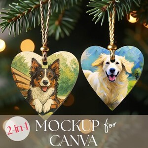 May include: Heart-shaped wooden Christmas decorations with dog portraits. One shows a Border Collie, the other a Golden Retriever. Both are suspended from a gold-coloured string. The decorations hang from a green Christmas tree branch.