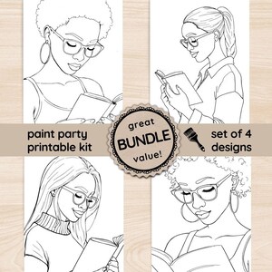 Paint Party Bundle, Afro Ladies Night DIY Paint Kit Templates, Printable Sip and Paint Fun Activities, Cozy Book Reading Art Tracer Download